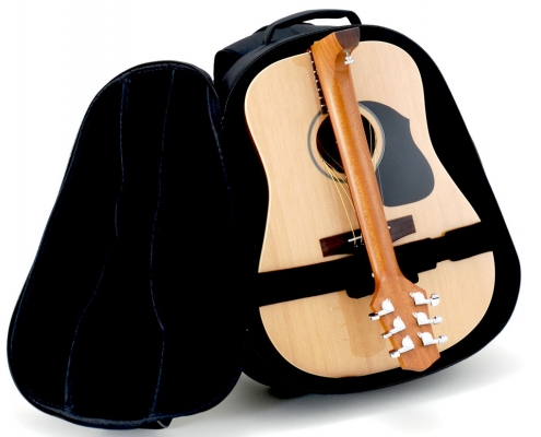 Full-size travel guitar folds in half fits and in the included backpack