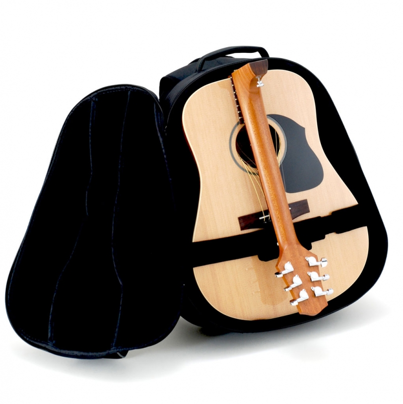 Full-size travel guitar folds in half fits and in the included backpack